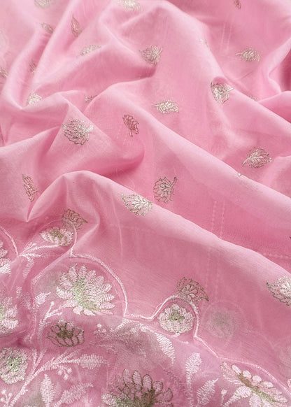 Baby Pink Pure Mulmul Suit Fabric With Floral Resham Embroidery
