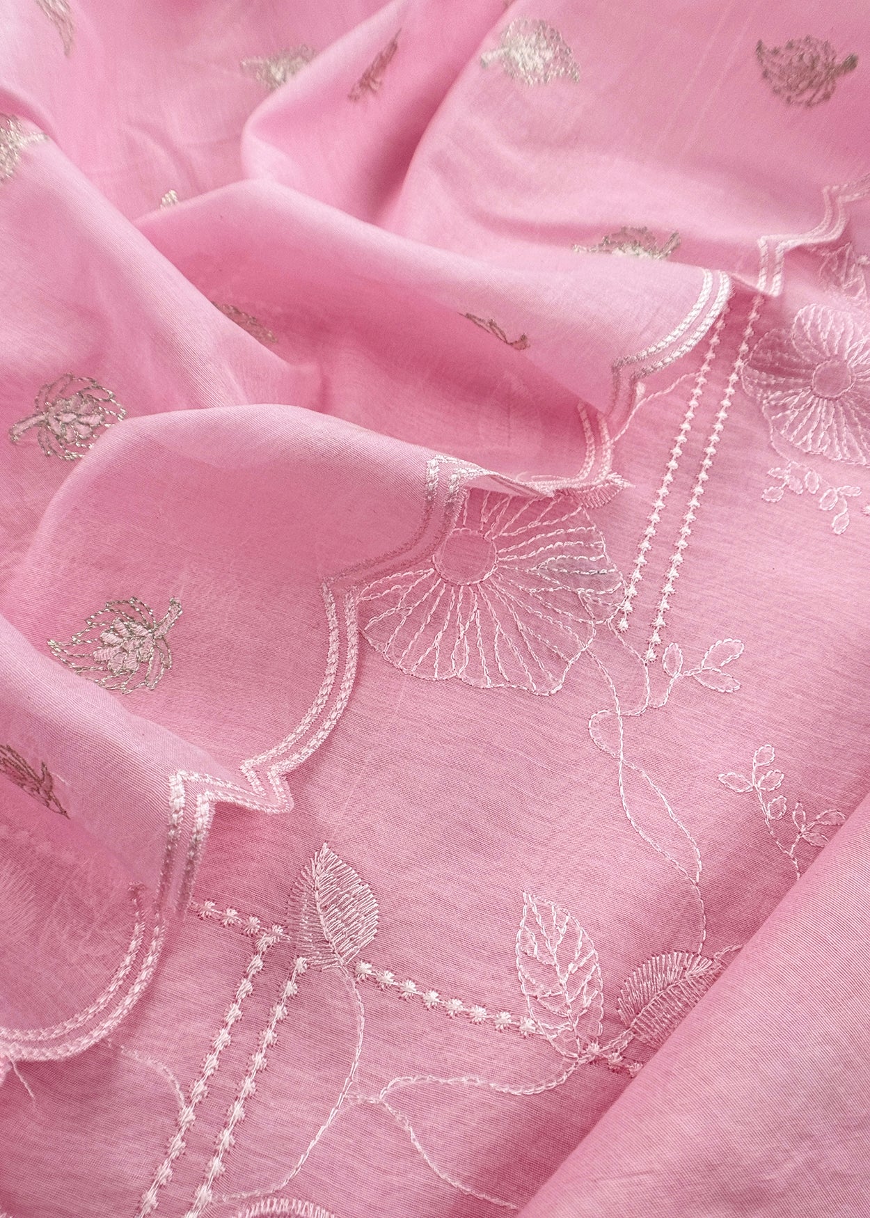Baby Pink Pure Mulmul Suit Fabric With Floral Resham Embroidery