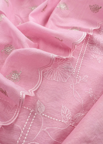 Baby Pink Pure Mulmul Suit Fabric With Floral Resham Embroidery