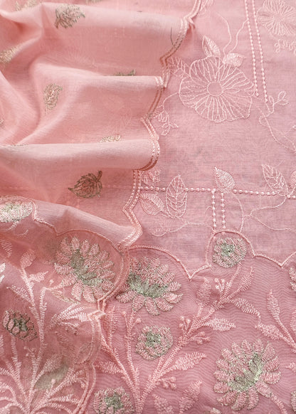Pink Pure Mulmul Suit Fabric With Floral Resham Embroidery