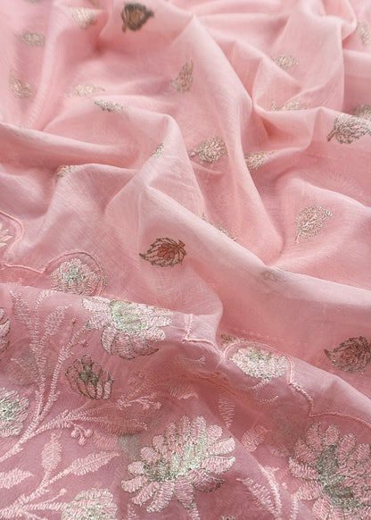 Pink Pure Mulmul Suit Fabric With Floral Resham Embroidery