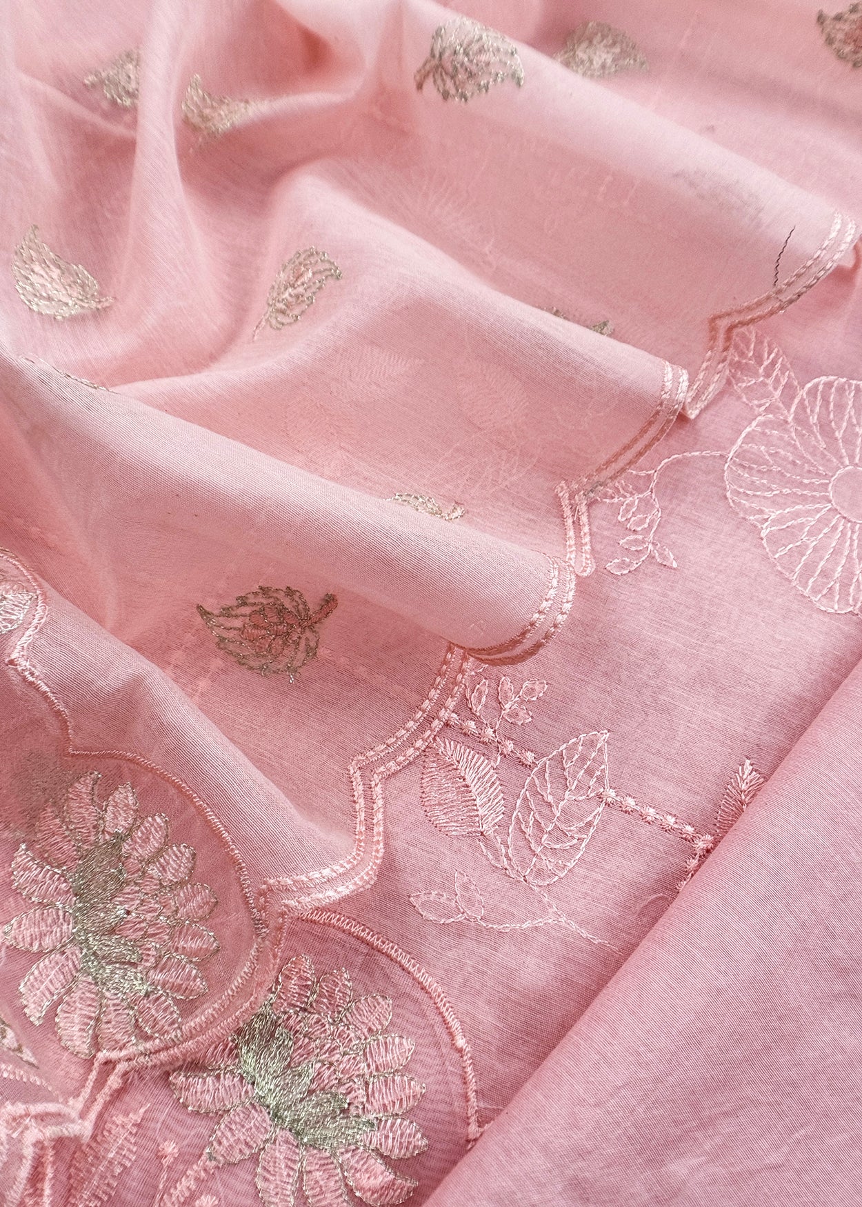 Pink Pure Mulmul Suit Fabric With Floral Resham Embroidery