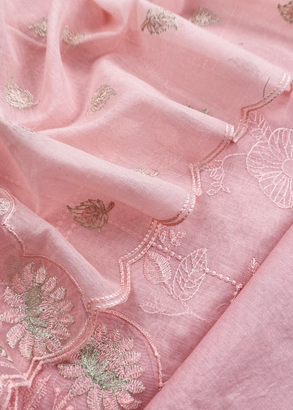 Pink Pure Mulmul Suit Fabric With Floral Resham Embroidery