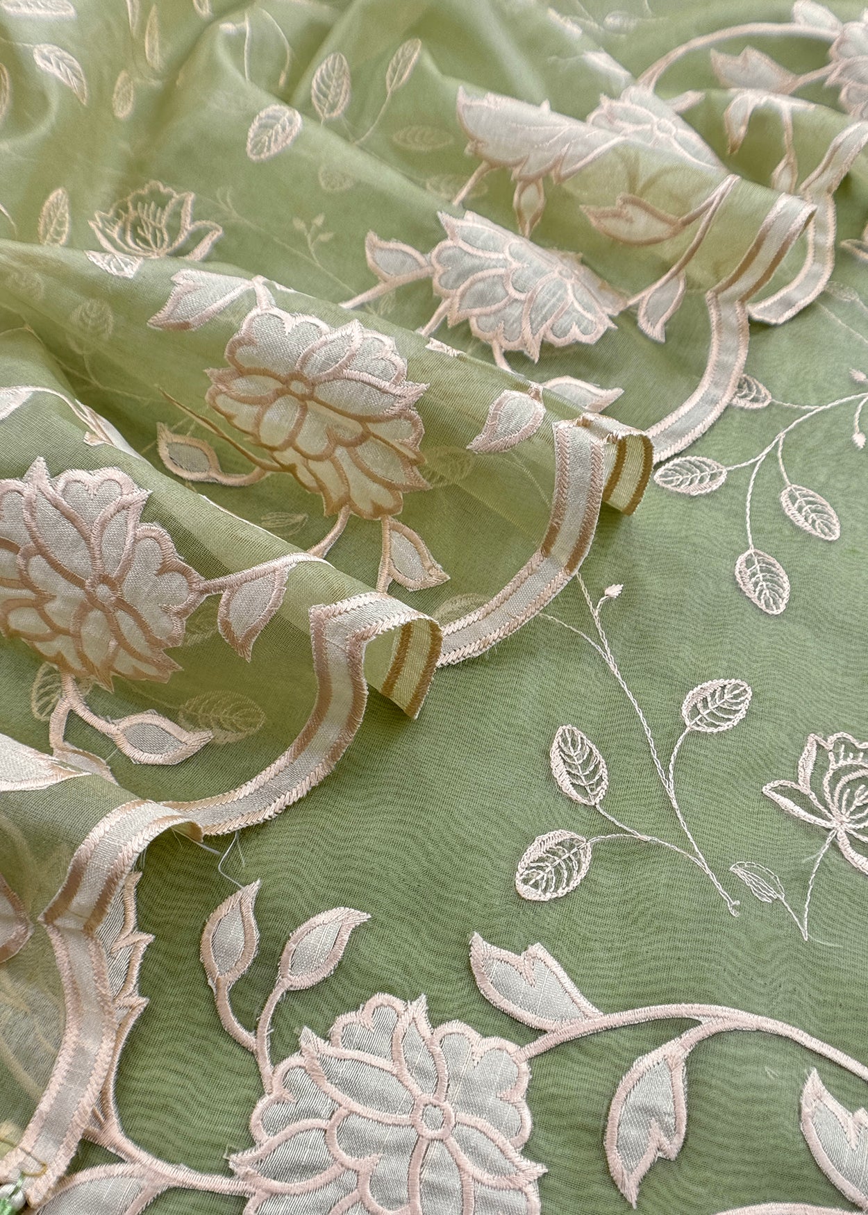 Green Organza Unstitched Suit With Applique Work