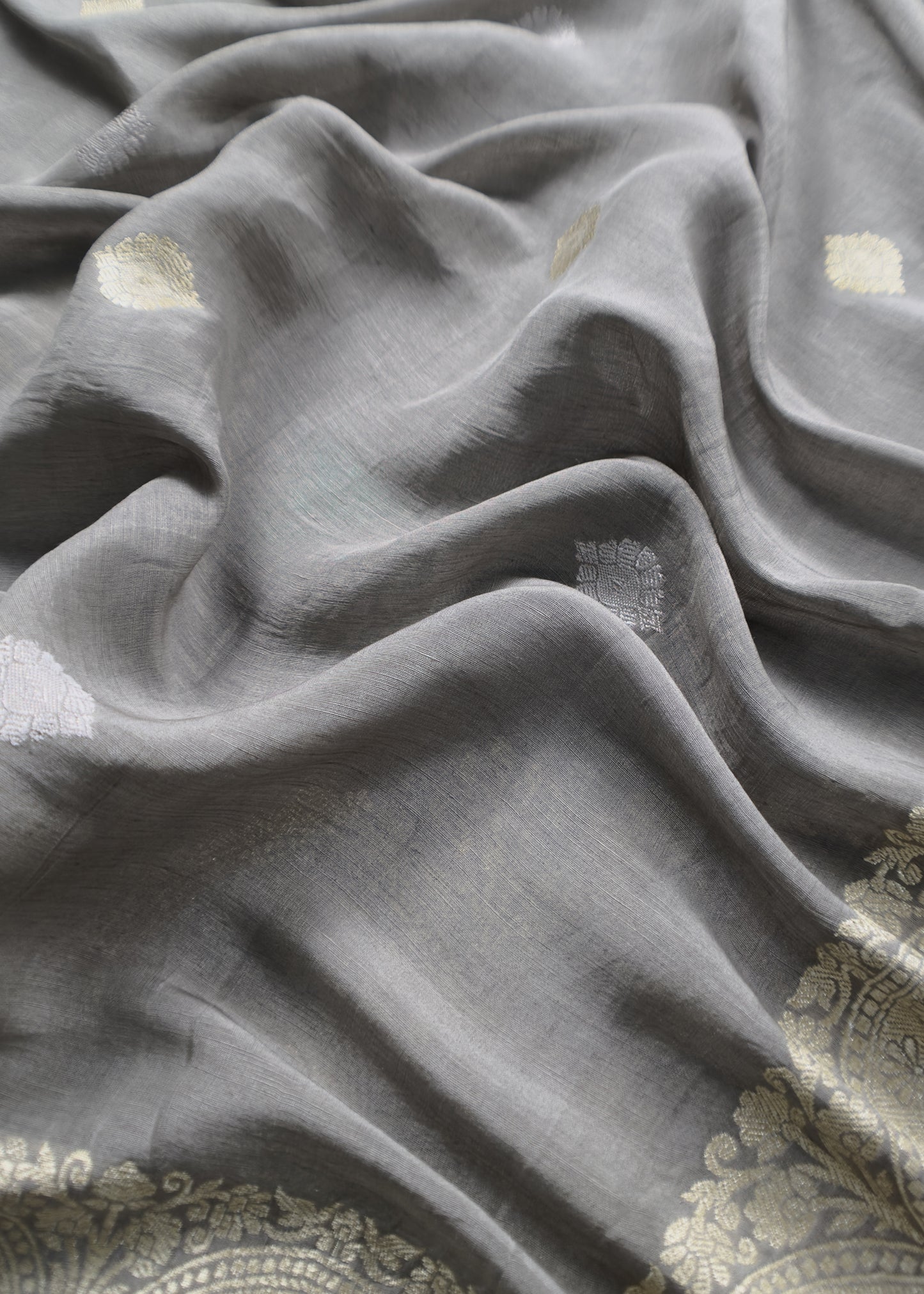 Handloom Grey Linen Silk With Kadwa Weaves