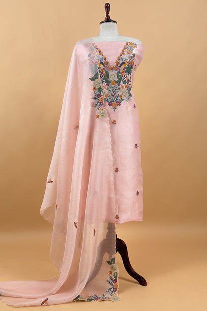 Garden Of Dreams Luxe Baby Pink Handloom Kora Silk Suit Fabric With Appliqué Work And French Thread Embroidery