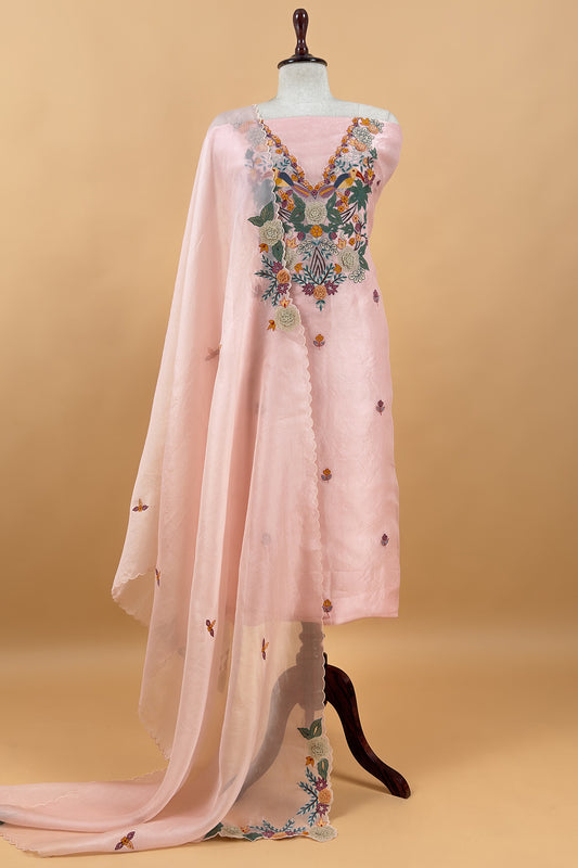 Garden Of Dreams Luxe Baby Pink Handloom Kora Silk Suit Fabric With Appliqué Work And French Thread Embroidery