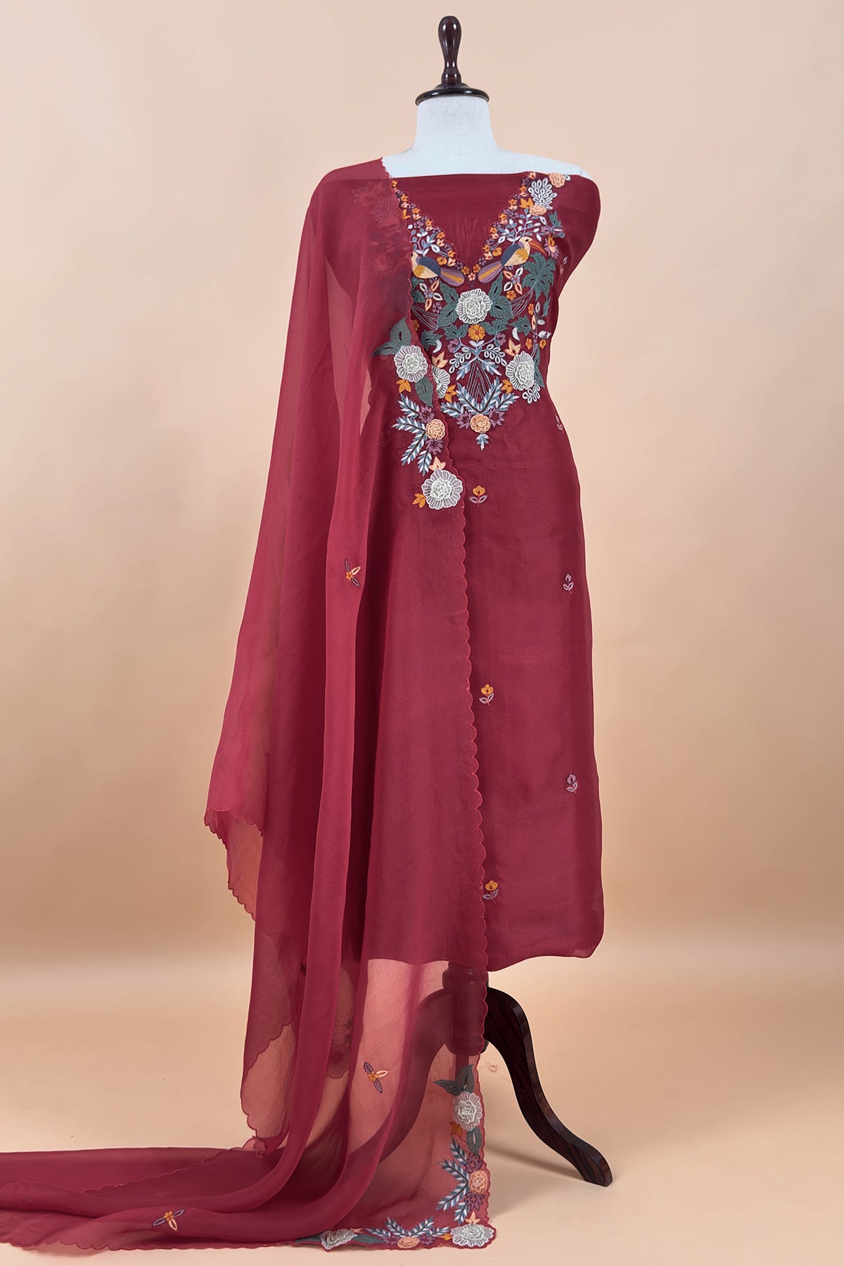 Garden Of Dreams Luxe Maroon Handloom Kora Silk Suit Fabric With Appliqué Work And French Thread Embroidery