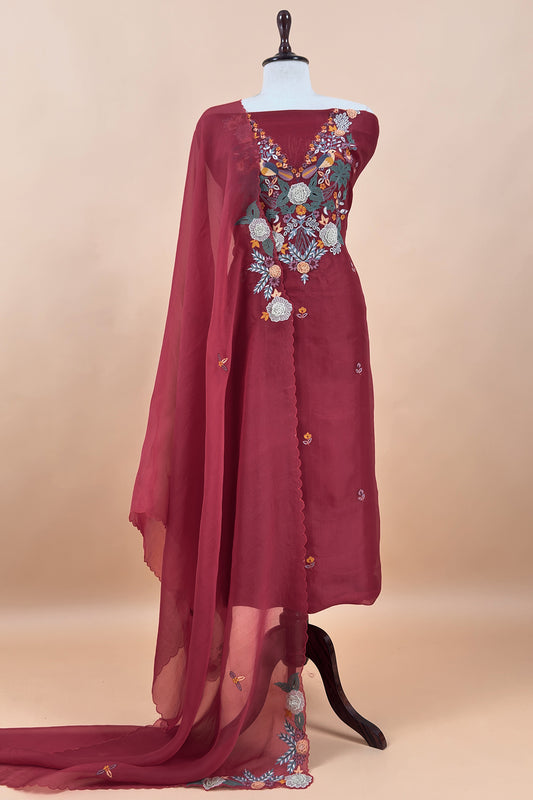 Garden Of Dreams Luxe Maroon Handloom Kora Silk Suit Fabric With Appliqué Work And French Thread Embroidery