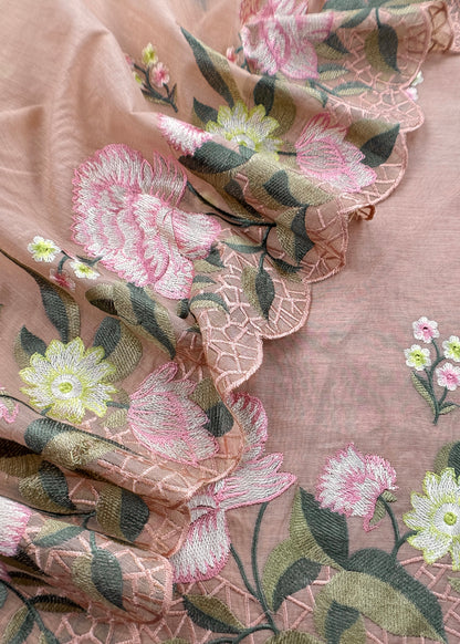 Soft Brown Mul Cotton Unstitched Suit With Thread Embroidery