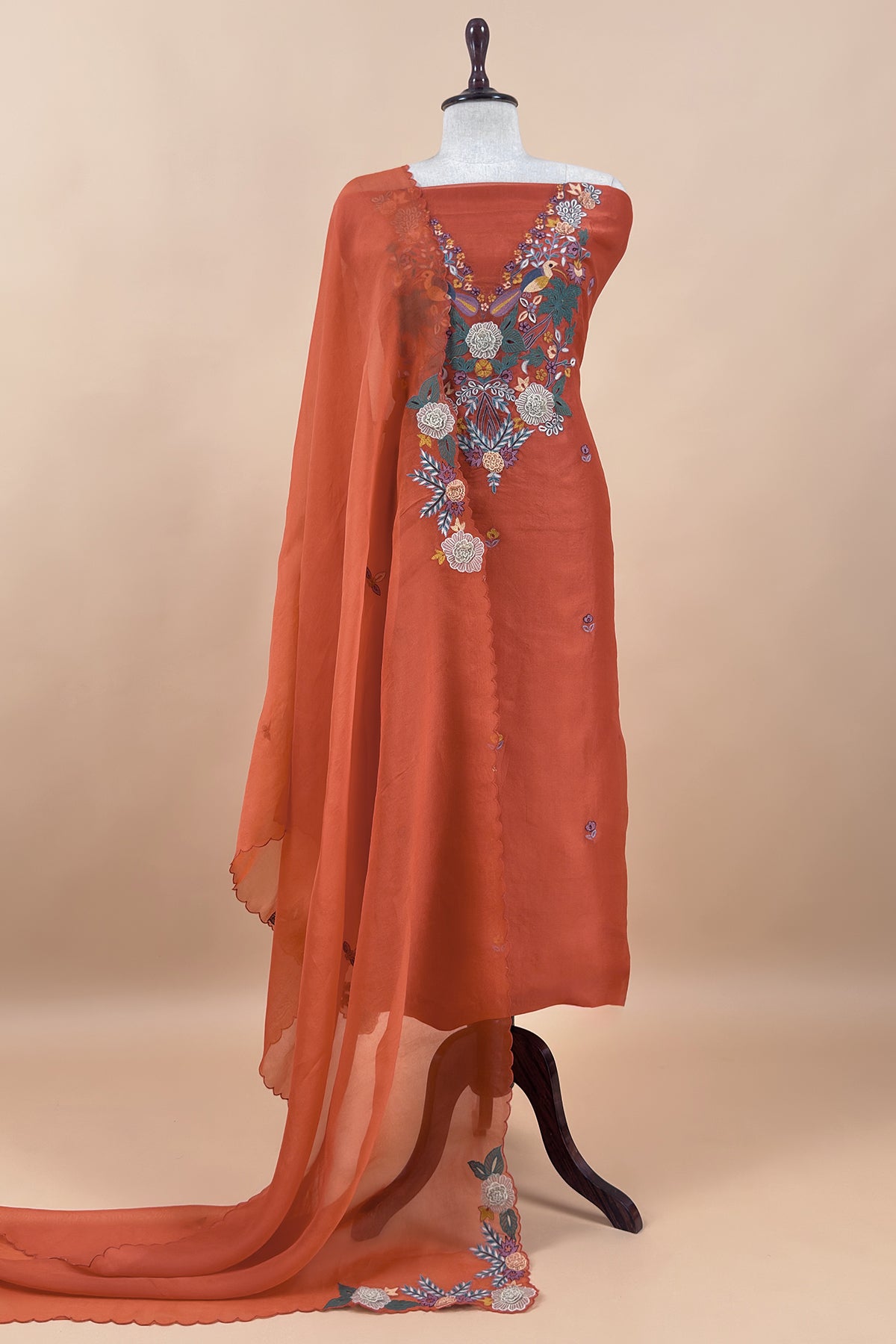 Garden Of Dreams Luxe Rust Orange Handloom Kora Silk Suit Fabric With Appliqué Work And French Thread Embroidery