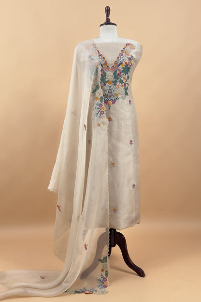 Garden Of Dreams Luxe Ivory Handloom Kora Silk Suit Fabric With Appliqué Work And French Thread Embroidery