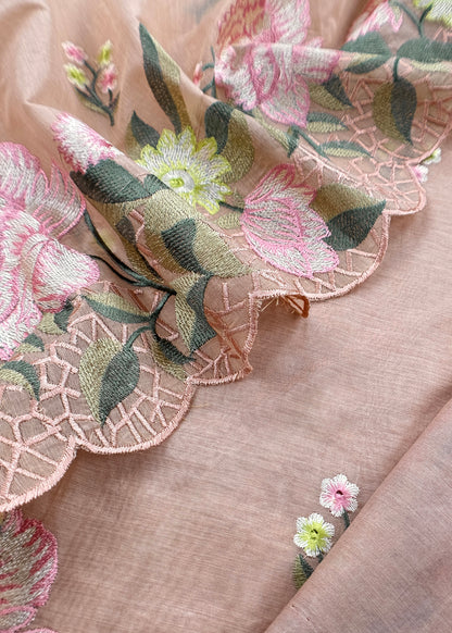 Soft Brown Mul Cotton Unstitched Suit With Thread Embroidery
