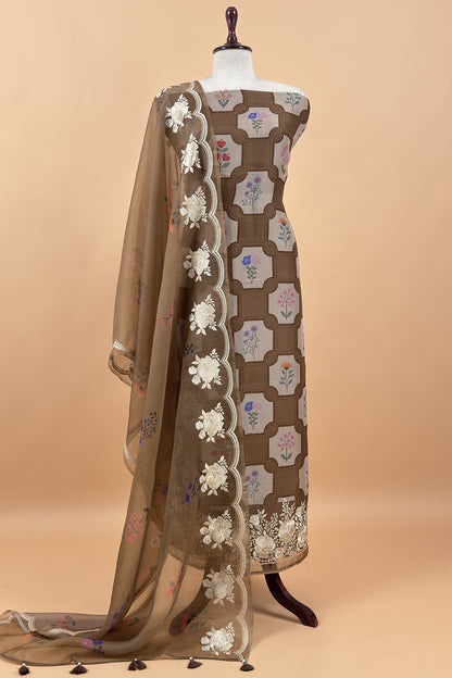 Brown Handloom Kora Silk Suit With Parsi Embroidery