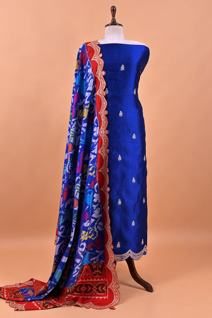 Royal Blue Handloom Silk Suit With ekkat Print Dupatta