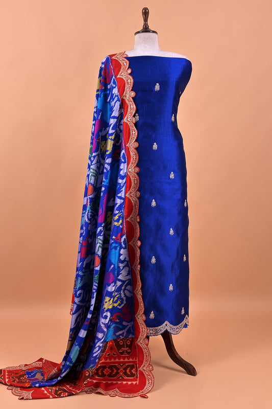Royal Blue Handloom Silk Suit With ekkat Print Dupatta
