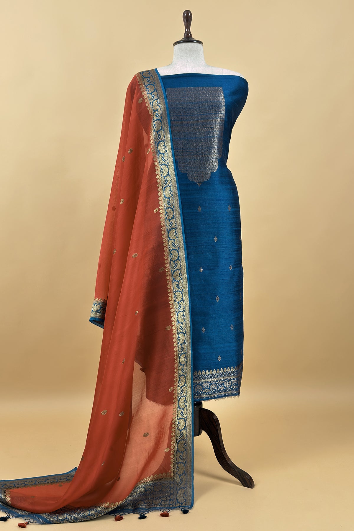 Teal Blue Handloom Raw Silk Suit With Kora Silk Dupatta