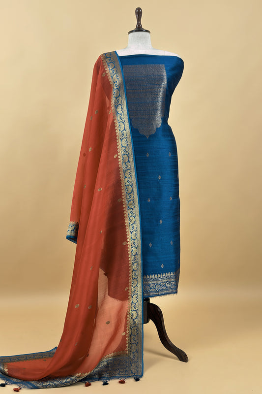 Teal Blue Handloom Raw Silk Suit With Kora Silk Dupatta