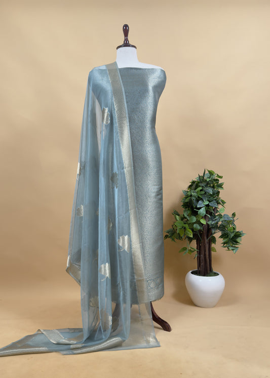 Blueish Grey Brocade Kurta With Organza Dupatta
