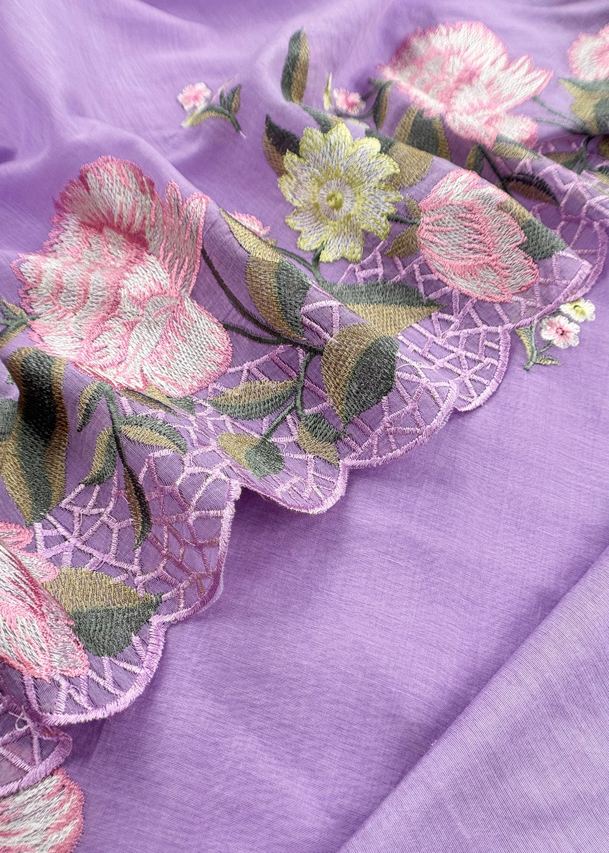 Purple Mul Cotton Unstitched Suit With Thread Embroidery