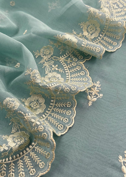 Blue Embroidered Unstitched Mulmul Suit With Scalloped Border