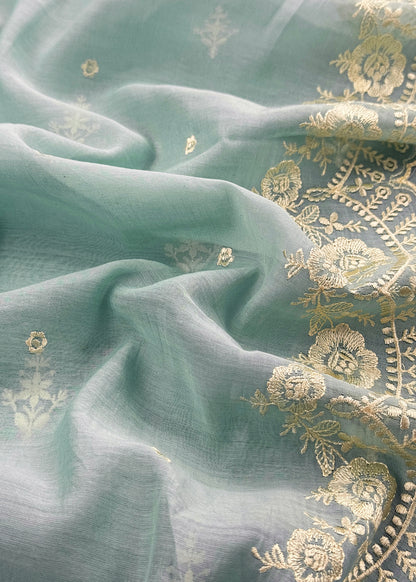 Blue Embroidered Unstitched Mulmul Suit With Scalloped Border