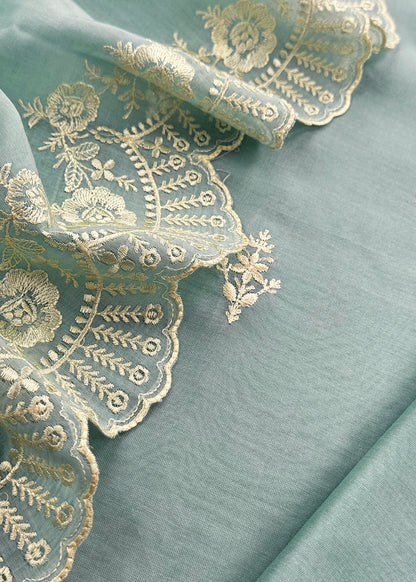 Blue Embroidered Unstitched Mulmul Suit With Scalloped Border