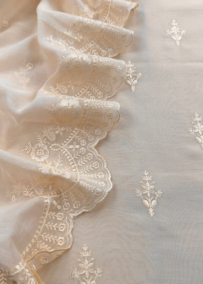 Off White Embroidered Unstitched Mulmul Suit With Scalloped Border