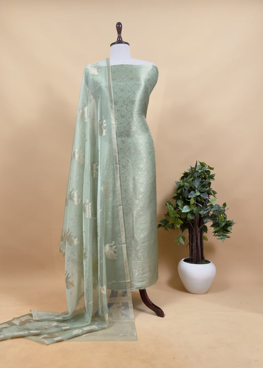 Sage Green Brocade Kurta With Organza Dupatta