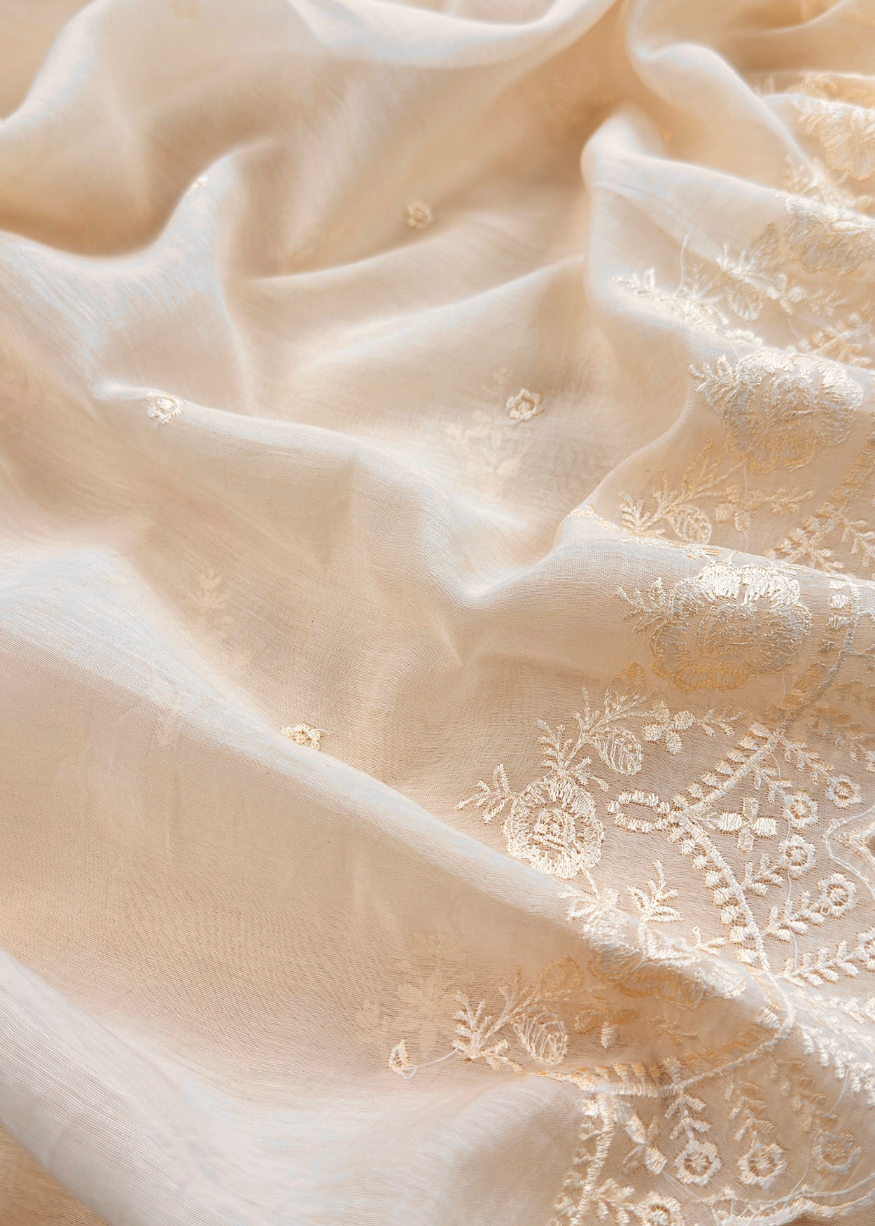 Off White Embroidered Unstitched Mulmul Suit With Scalloped Border