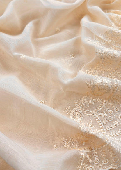 Off White Embroidered Unstitched Mulmul Suit With Scalloped Border