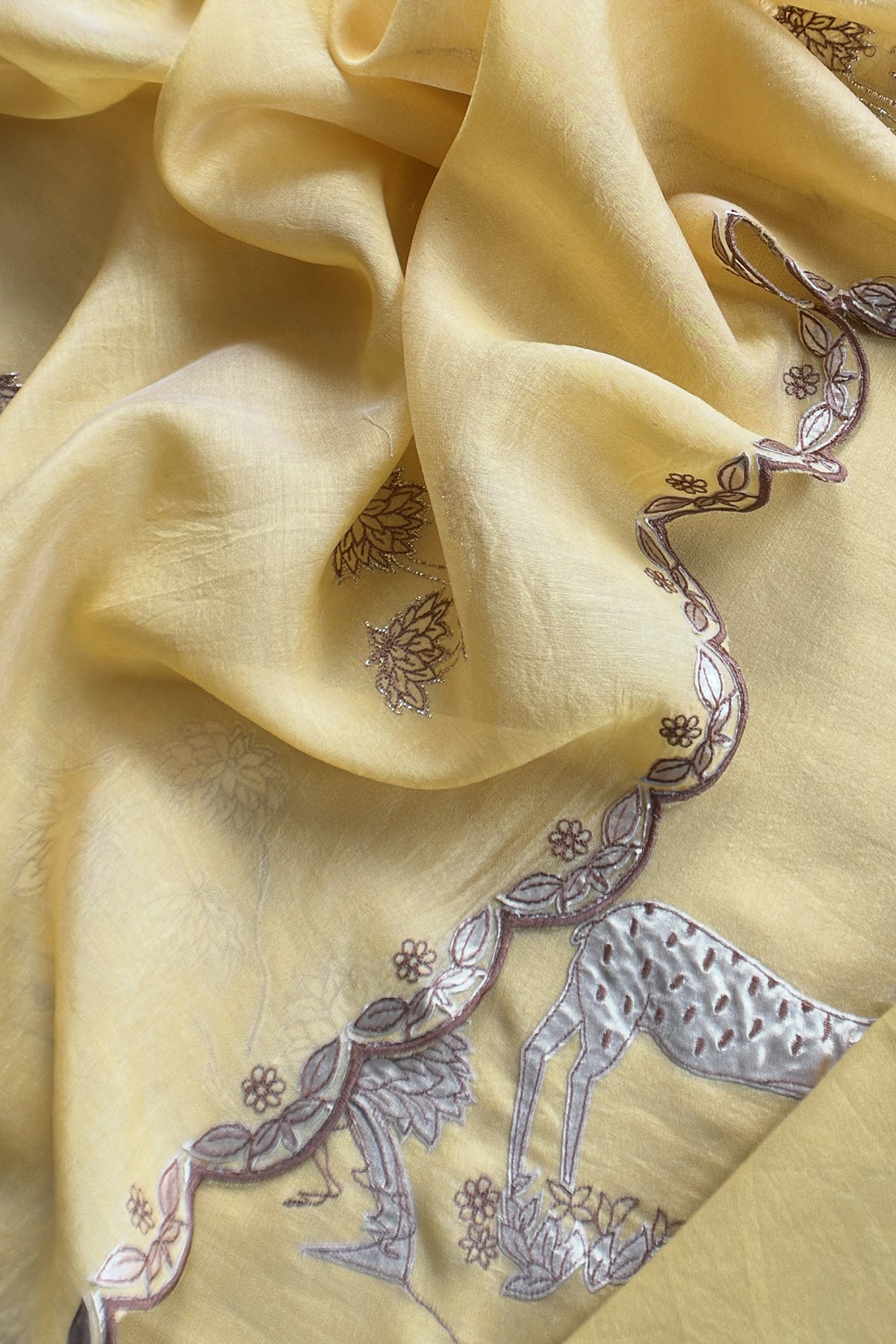 Yellow Handloom Mulmul Unstitched Suit Fabric With Hand Gota Appliqué Work