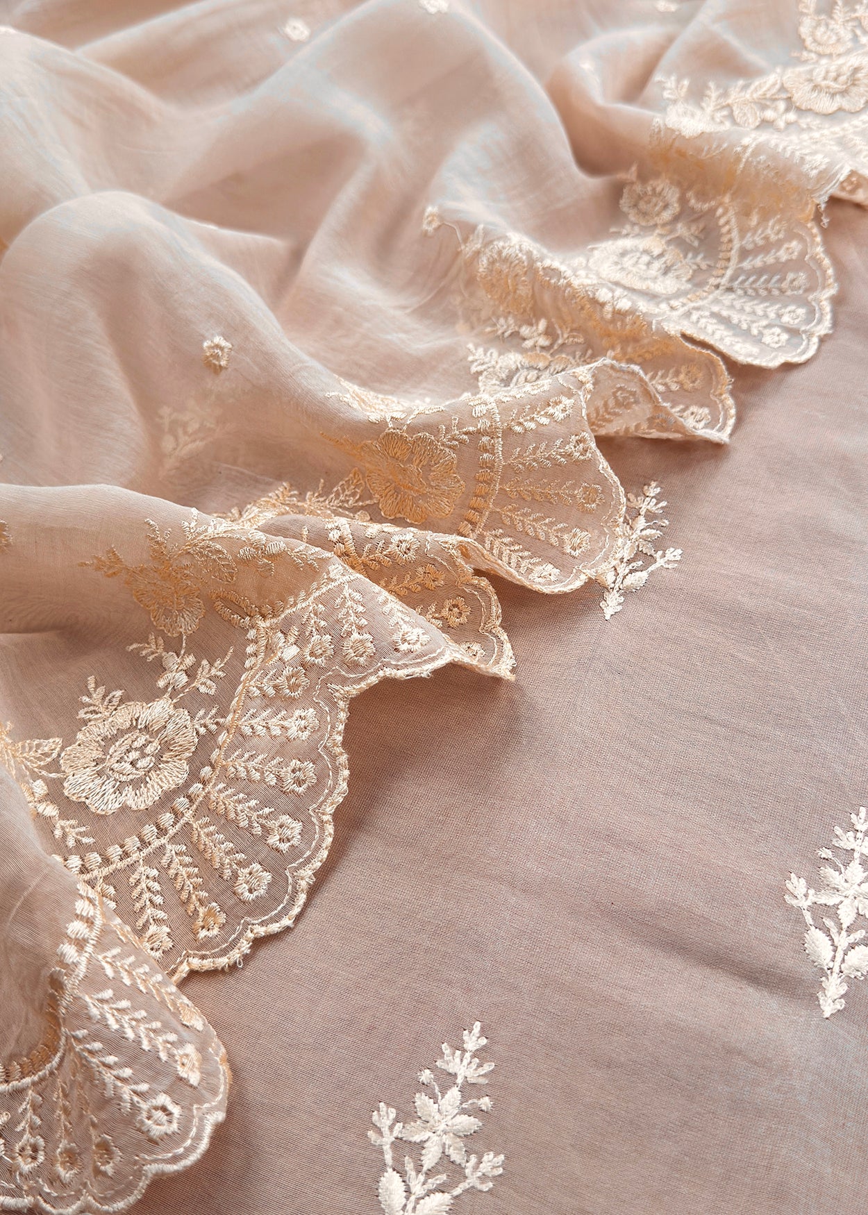 Chiko Embroidered Unstitched Mulmul Suit With Scalloped Border