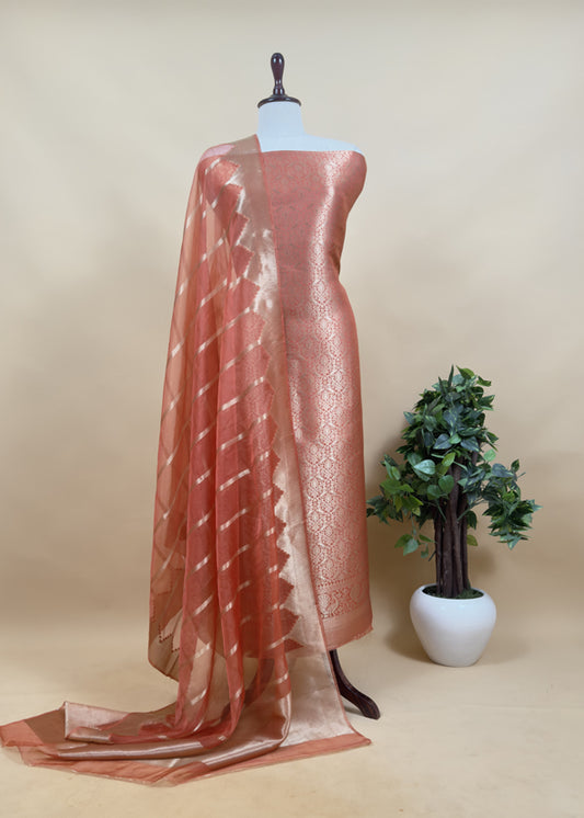 Orange Banarasi Silk Brocade Suit With Organza Dupatta