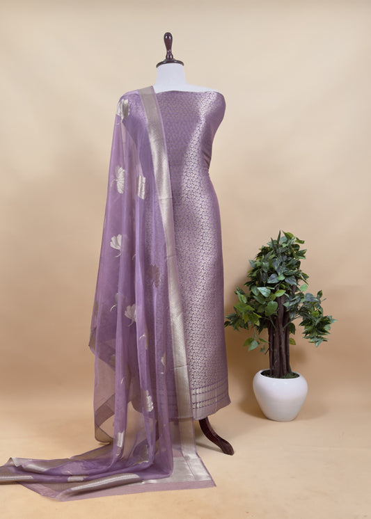 Purple Banarasi Silk Brocade Suit With Organza Dupatta