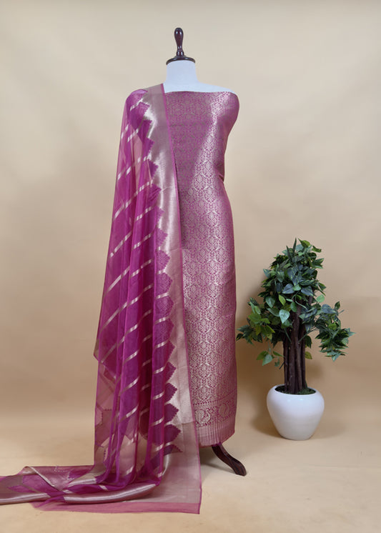Pink Banarasi Silk Brocade Suit With Organza Dupatta