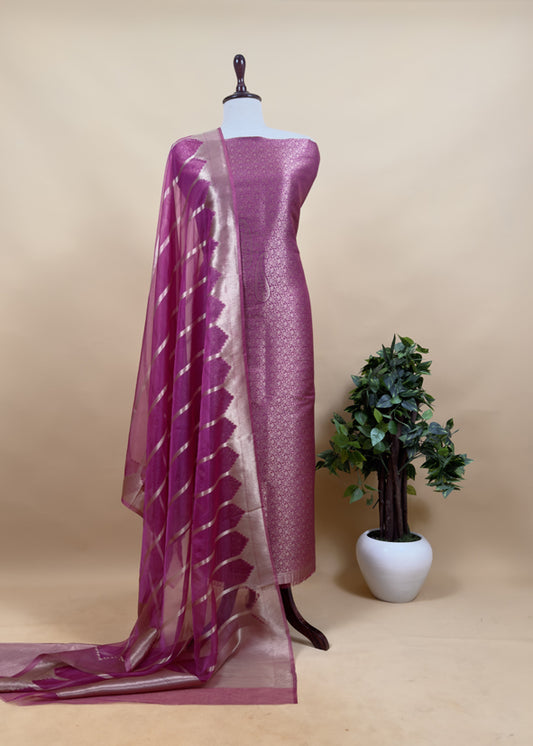 Wine Brocade Kurta With Organza Dupatta