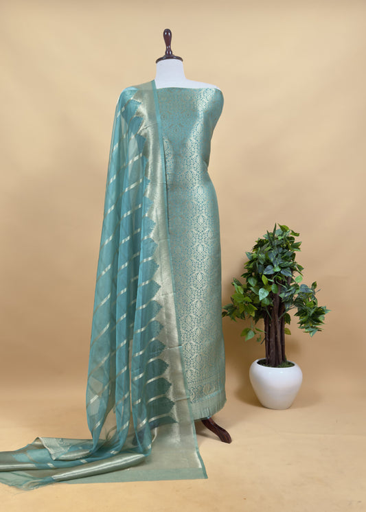 Sky Blue Brocade Kurta With Organza Dupatta