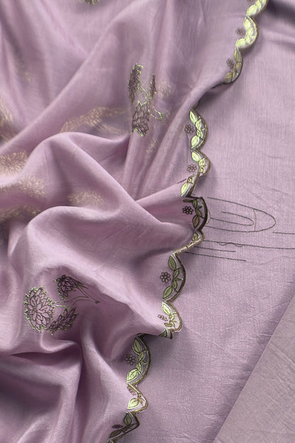 Lavender Handloom Mulmul Unstitched Suit Fabric With Hand Gota Appliqué Work