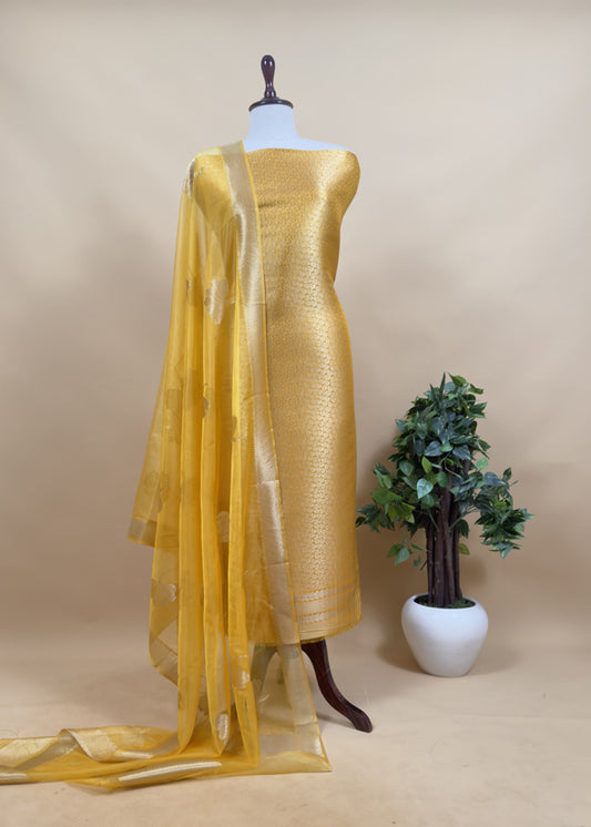 Yellow Banarasi Silk Brocade Suit With Organza Dupatta