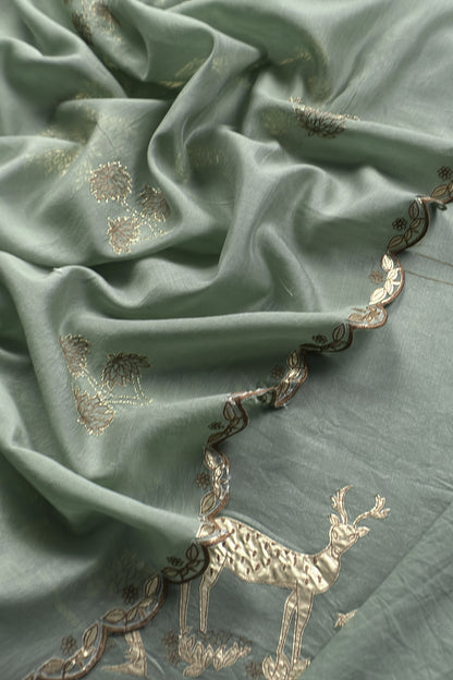 Sage Green Handloom Mulmul Unstitched Suit Fabric With Hand Gota Appliqué Work