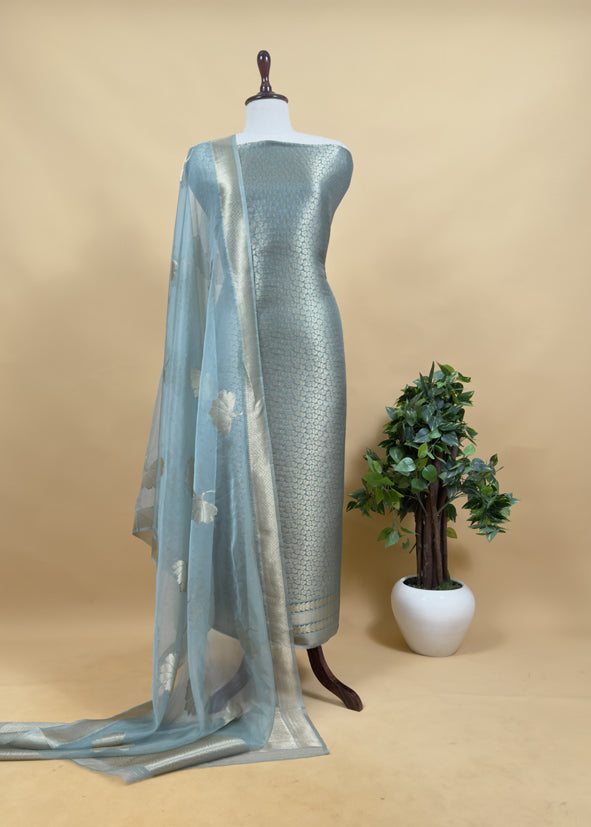 Gray Banarasi Silk Brocade Suit With Organza Dupatta