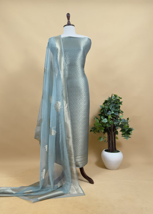 Blueish Grey Brocade Kurta With Organza Dupatta