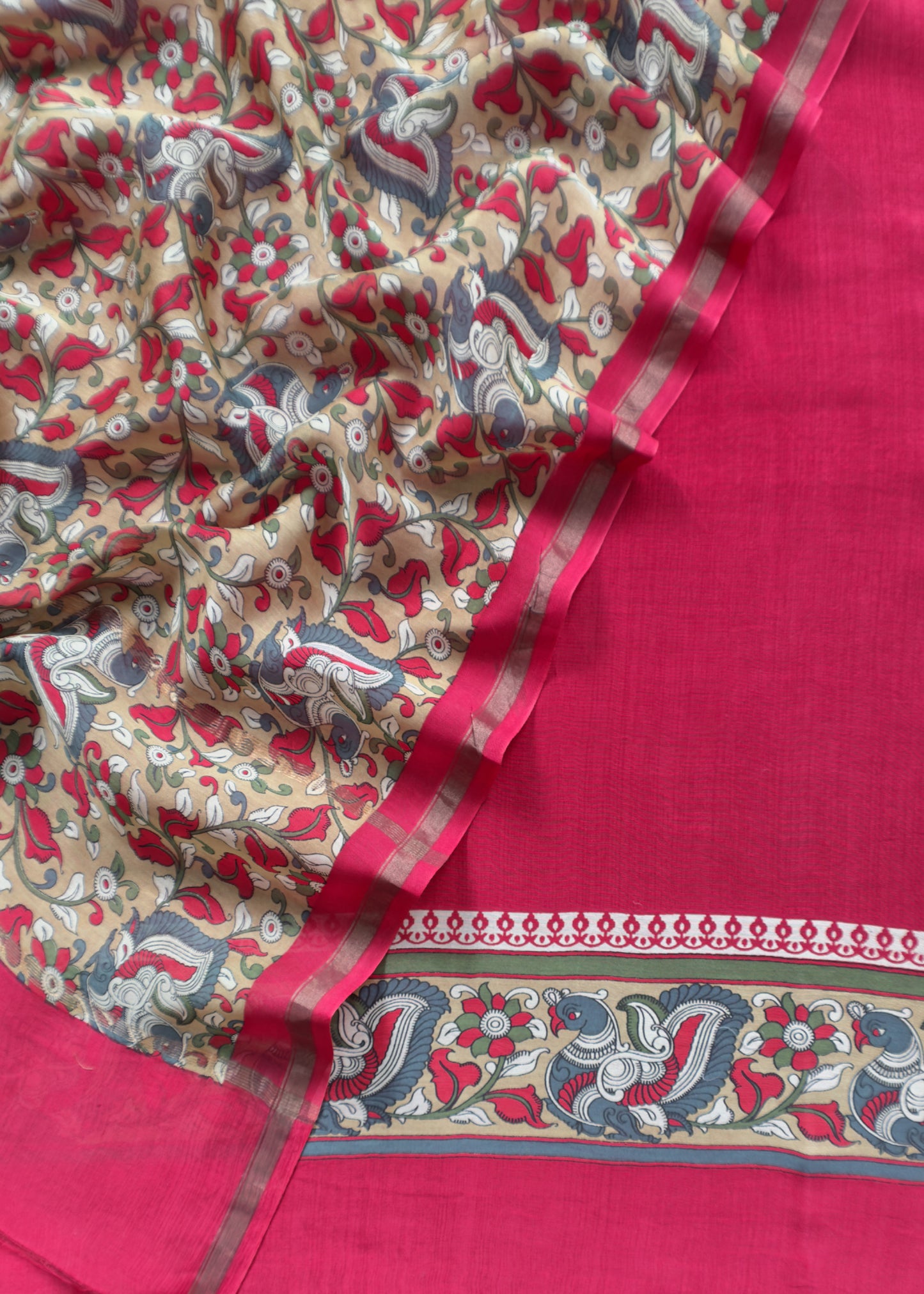 Red Handloom Maheshwari Silk Unstitched Suit with Kalamkari Dupatta