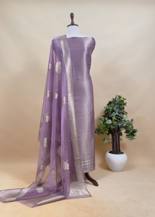 Yellow Banarasi Silk Brocade Suit With Organza Dupatta