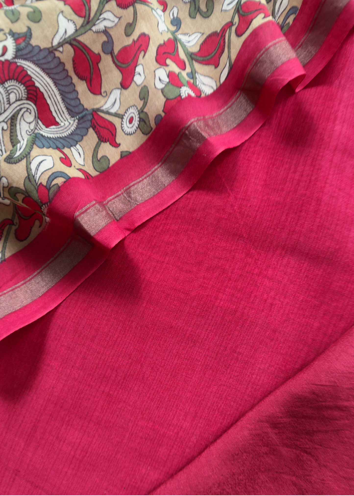 Red Handloom Maheshwari Silk Unstitched Suit with Kalamkari Dupatta