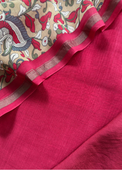 Red Handloom Maheshwari Silk Unstitched Suit with Kalamkari Dupatta