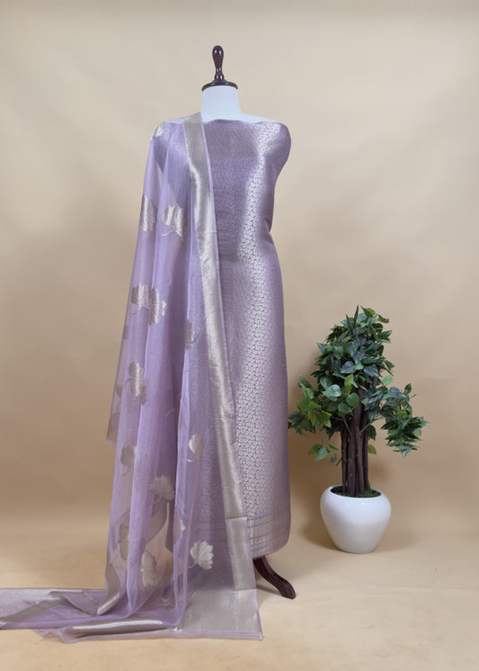 Purple Banarasi Silk Brocade Suit With Organza Dupatta