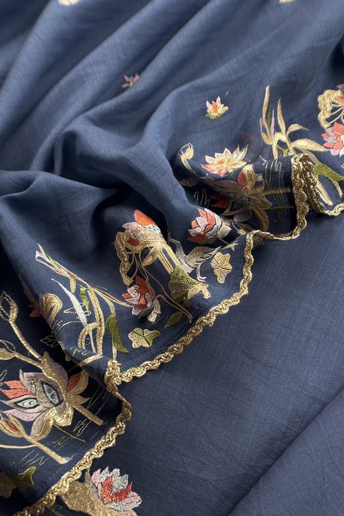 Dark Blue Handloom Mulmul Unstitched Suit Fabric With Hand Gota Embroidery