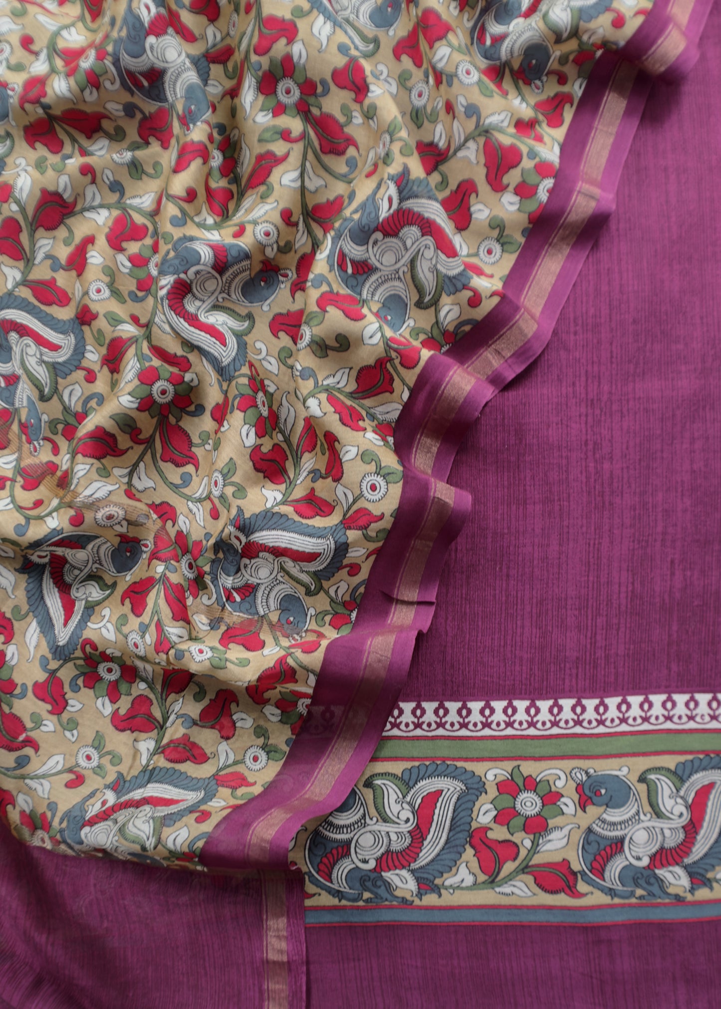 Wine Handloom Maheshwari Silk Unstitched Suit With Kalamkari Dupatta